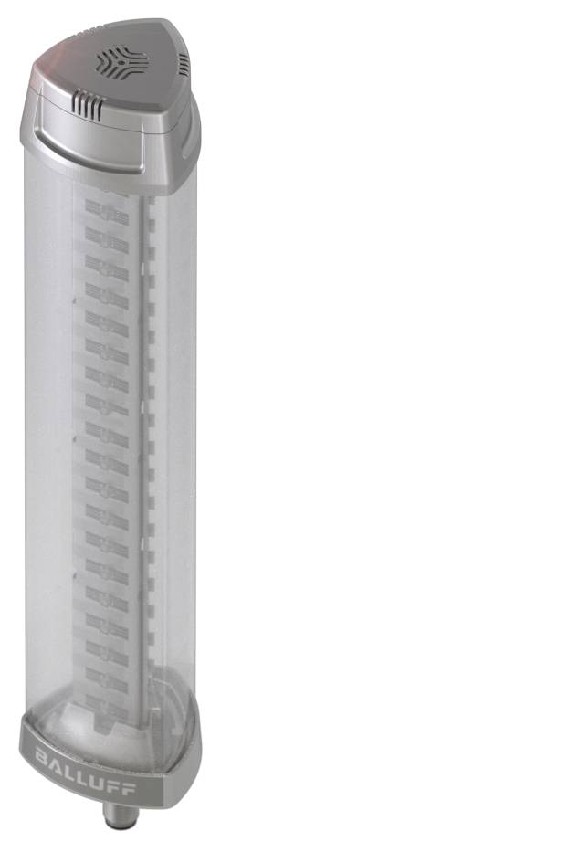 Ein zylinderförmiger Sensor von Balluff in transparentem Gehäuse, mit Technologie zur Objekterkennung oder Messung von Zuständen.