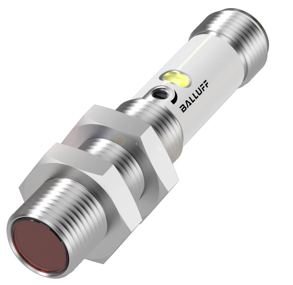 Zylindrischer Sensor mit Metallgehäuse und zwei Schraubgewinden. Aufschrift 'Balluff' sichtbar. LED-Anzeige am Gehäuse.