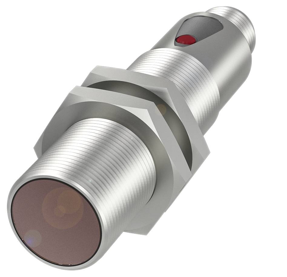 Ein zylindrischer Sensor aus Metall mit einer roten Linse auf der Oberseite, möglicherweise ein Induktions- oder Näherungssensor.
