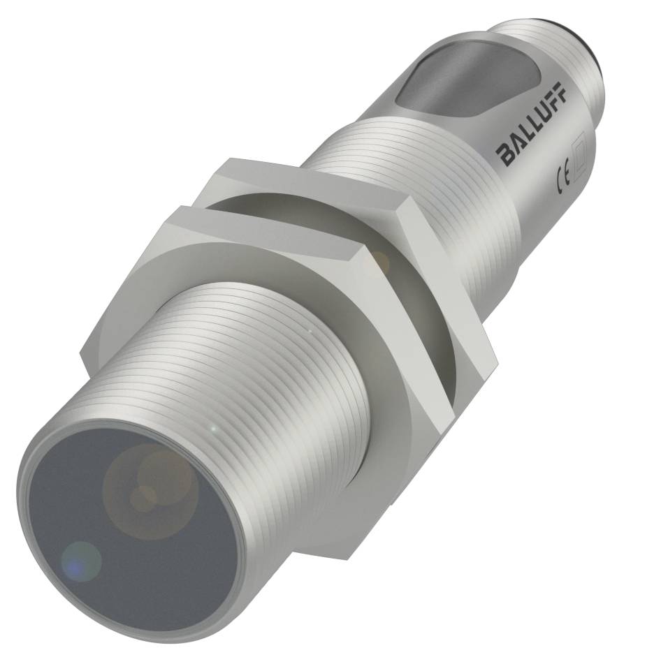 Ein zylindrischer, silberfarbener Sensor mit Schraubengewinde, vermutlich ein Näherungssensor, mit der Aufschrift 'Balluff'.