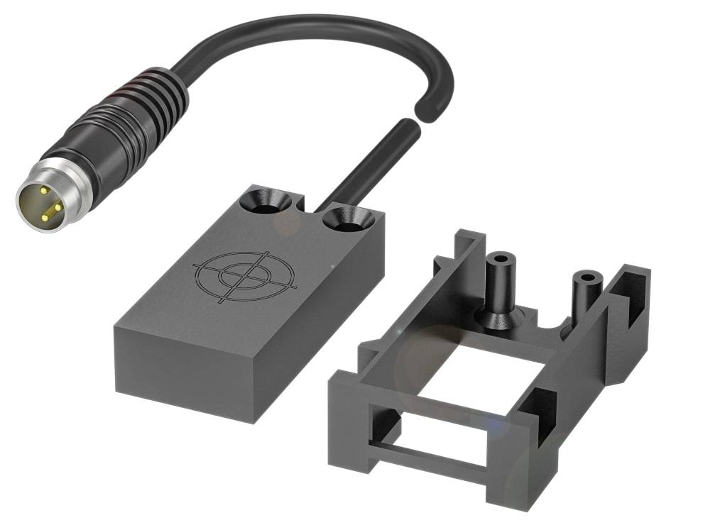 Ein rechteckiger Sensor mit einem Kabel, daneben eine passende Halterung. Der Sensor hat ein Zielmuster oben.
