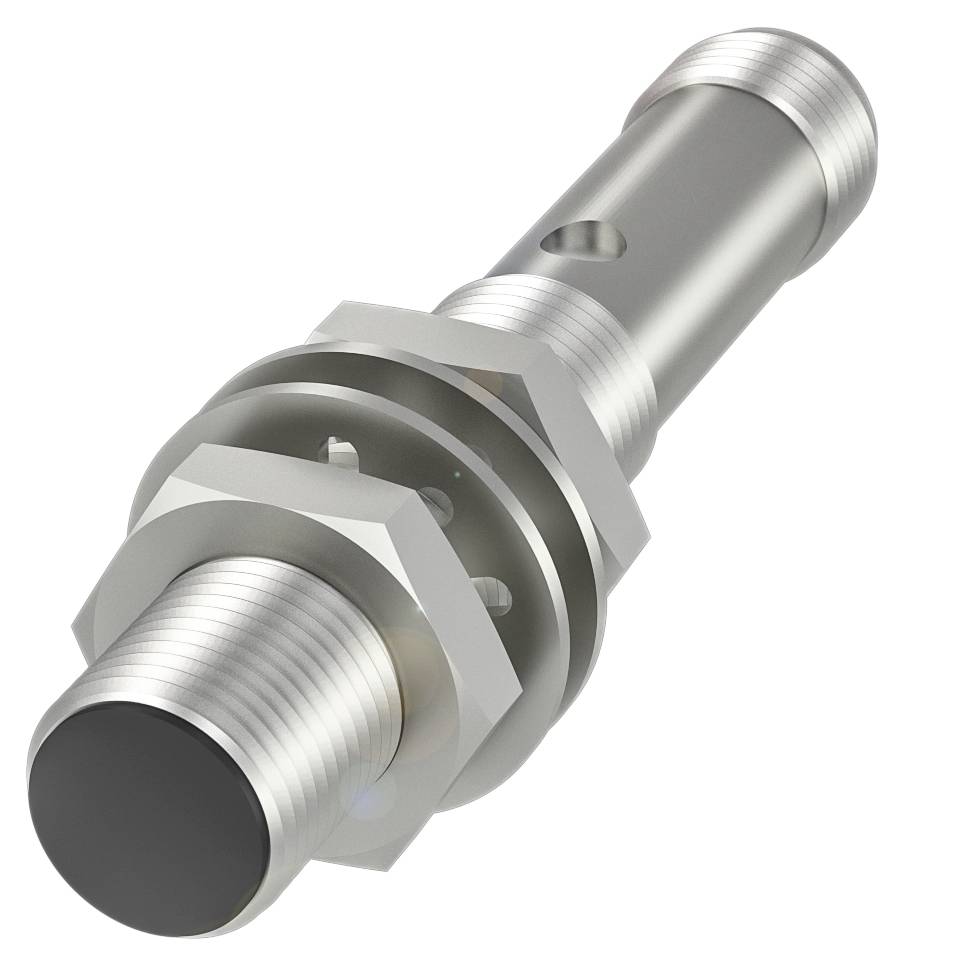 Ein silberner Zylindersensor mit Gewinde, vor einem weißen Hintergrund. Der Sensor hat mehrere Ringe und eine runde Oberfläche.
