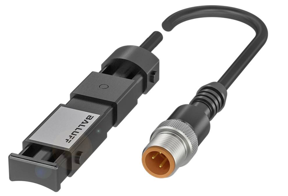 'Balluff Sensor' und 'Kabel mit Stecker'. Der Sensor ist schmal und länglich, das Kabel hat einen gebogenen Anschluss.