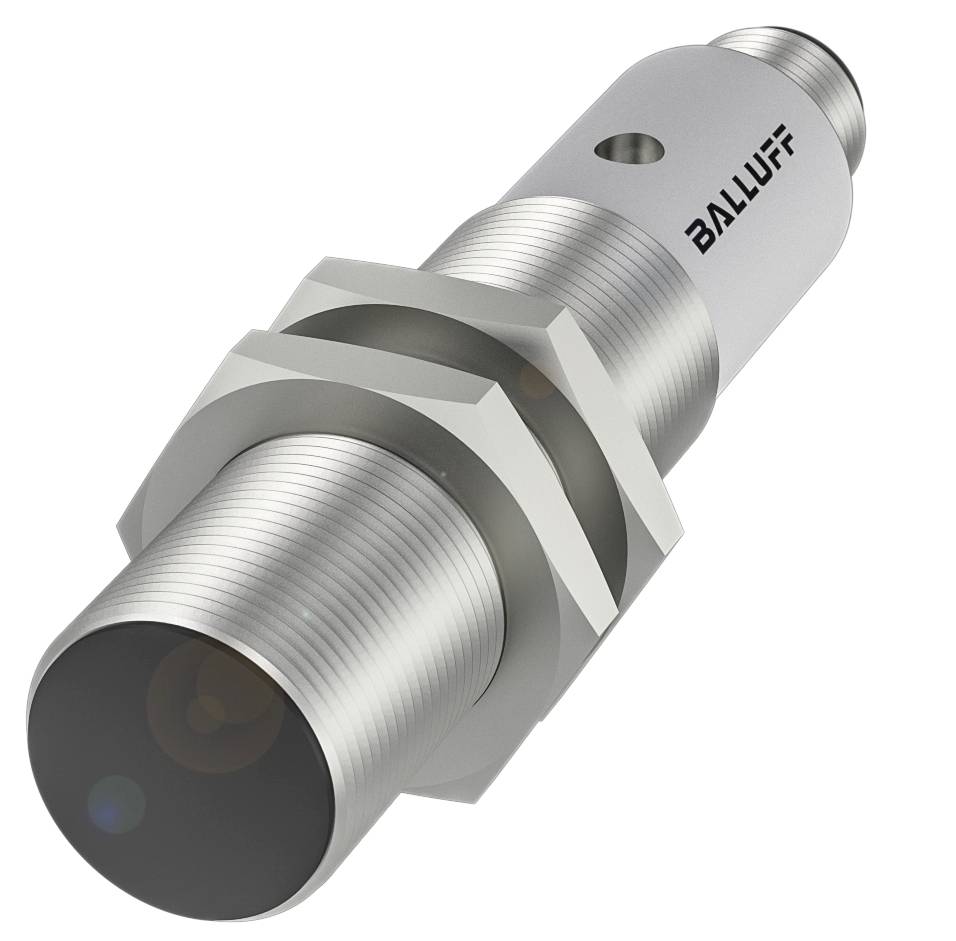 Zylinderförmiger silberner Induktivsensor von Balluff, mit Schraubgewinde und rundem glatten Sensorende, geeignet für industrielle Anwendungen.