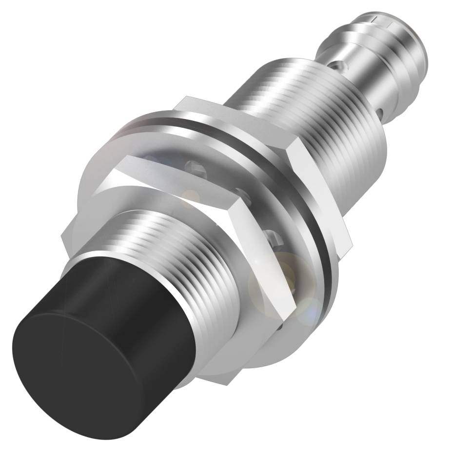 Ein zylindrischer Sensor mit Metallgehäuse und schwarzer Spitze, geeignet zur berührungslosen Erkennung von Objekten.
