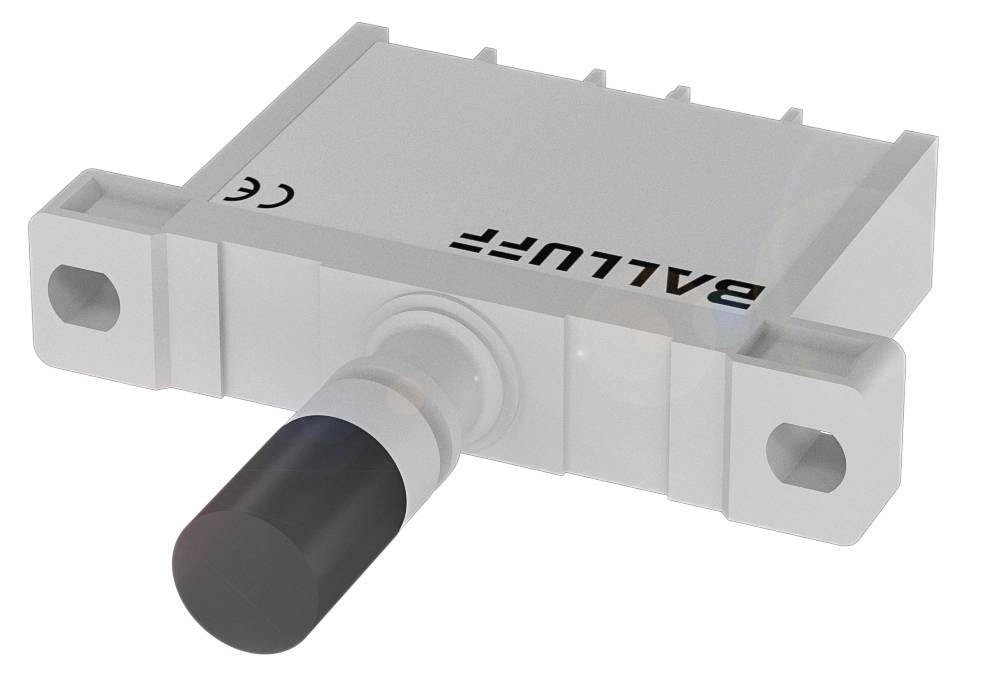 Ein rechteckiger Sensor von Balluff mit zylindrischem, schwarzem Anschluss ist abgebildet. Der Sensor ist weiß und hat zwei Befestigungslöcher.