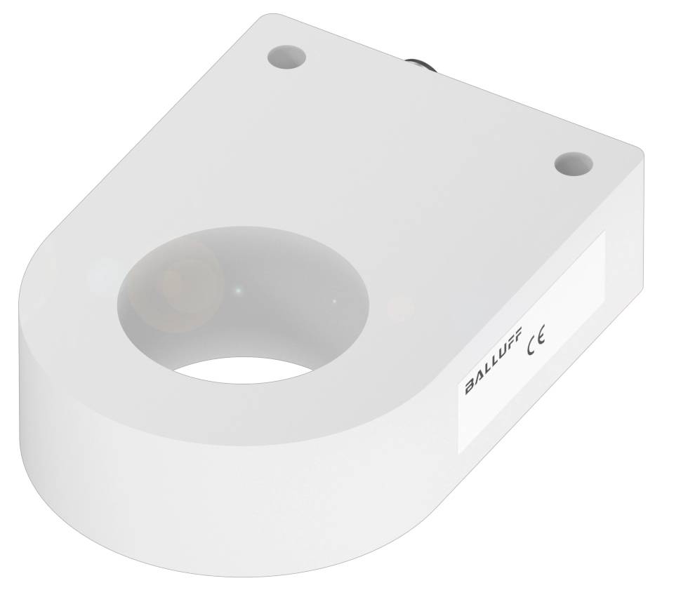 Ein weißer, halbrunder Magnetsensor von Balluff mit CE-Kennzeichnung, zwei Befestigungslöcher oben und Anschlusskabel hinten.