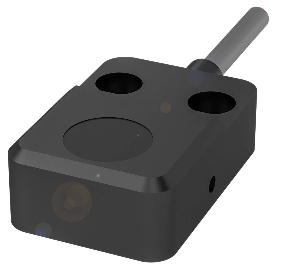 Ein schwarzer, rechteckiger Sensor mit zwei Löchern und einer zylindrischen Verbindung auf der Oberseite, wahrscheinlich für elektronische Anwendungen.