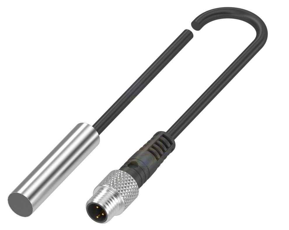 Ein zylindrischer Temperatursensor mit Metallgehäuse ist über ein Kabel mit einem runden, geriffelten Stecker verbunden.