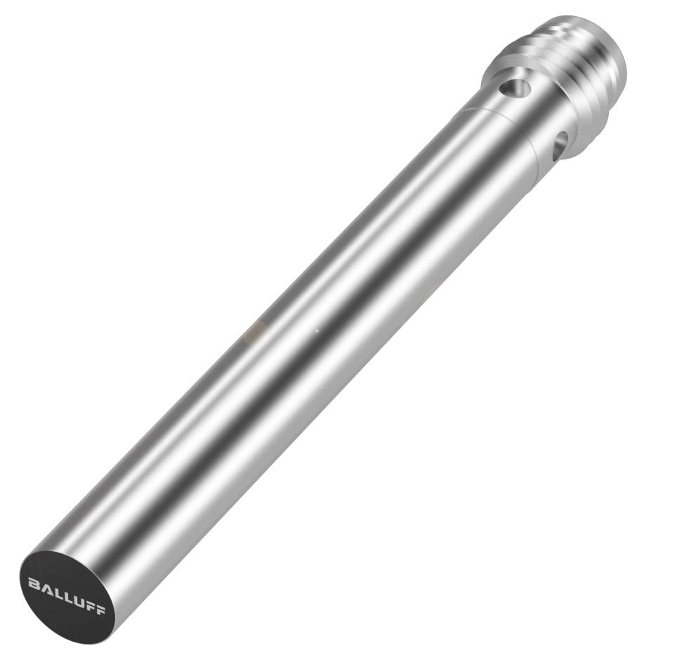 Ein zylindrischer, metallischer Balluff-Sensor, glänzend und silbern, mit glatter Oberfläche und eingelassener Spitze.