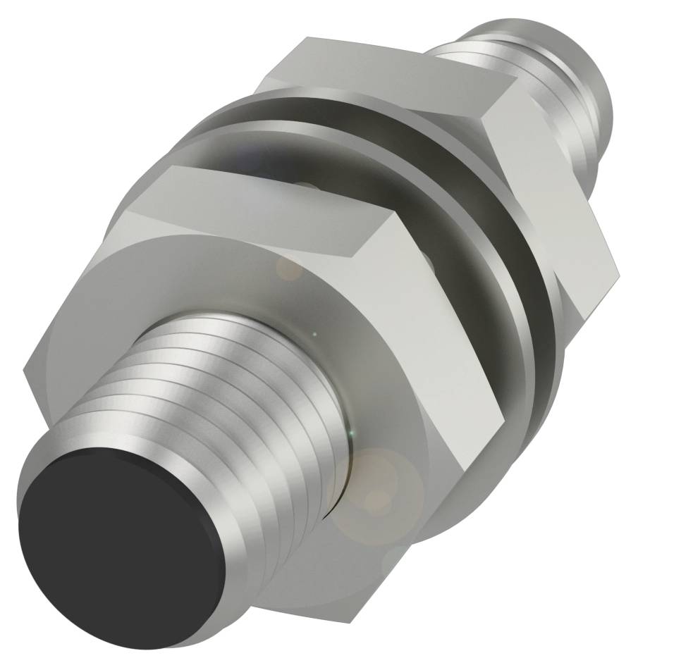 Ein grauer, metallischer Bolzen mit Gewinde, Muttern und einer abgerundeten Spitze, vermutlich ein Teil eines mechanischen Systems.