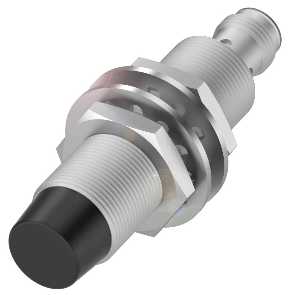 Induktiver Näherungssensor aus Metall mit rundem Gehäuse, Gewinden und schwarzer Spitze, gezeigt in einer perspektivischen Ansicht.