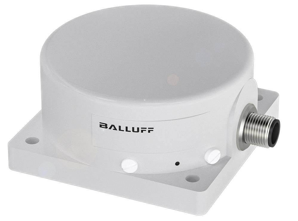 Ein runder, weißer Sensor mit sichtbarem Anschlussstecker auf einer rechteckigen Basis.