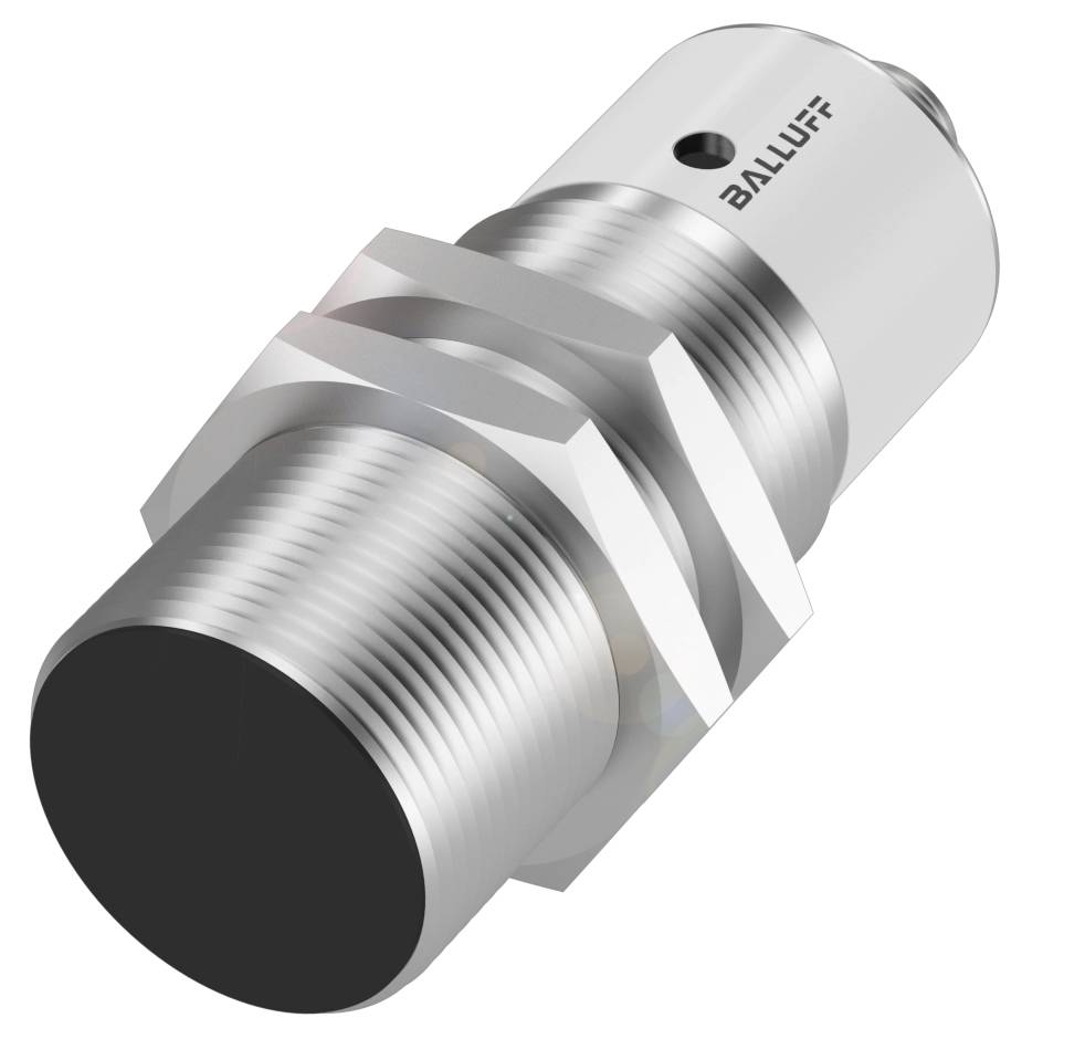 Ein zylindrischer Sensor mit Gewinde aus Metall, etikettiert mit 'Balluff', vermutlich für industrielle Anwendungen zur Objekterkennung.