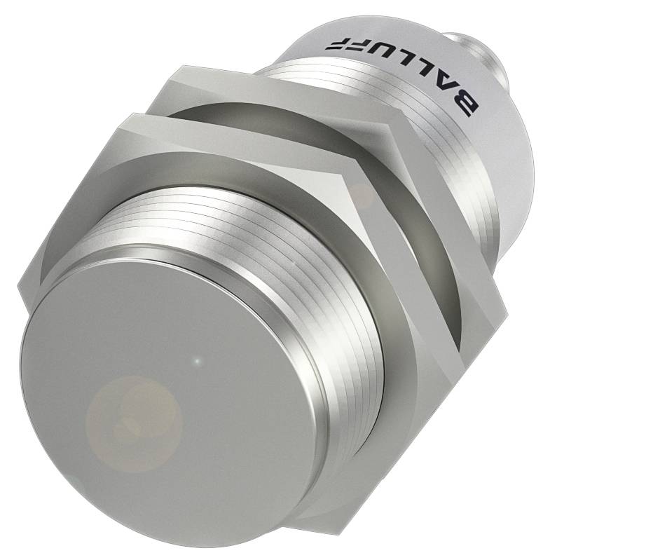 Zylindrischer Metall- und Sensor mit sichtbarer Marke 'BALLUFF' an der Oberseite, geeignet zur industriellen Automatisierung.