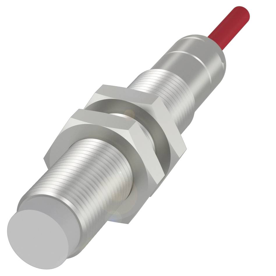 Ein zylindrischer, silberner Metallgegenstand mit Gewinde und rotem Kabel. Möglicherweise ein Sensor oder industrielles Bauteil.