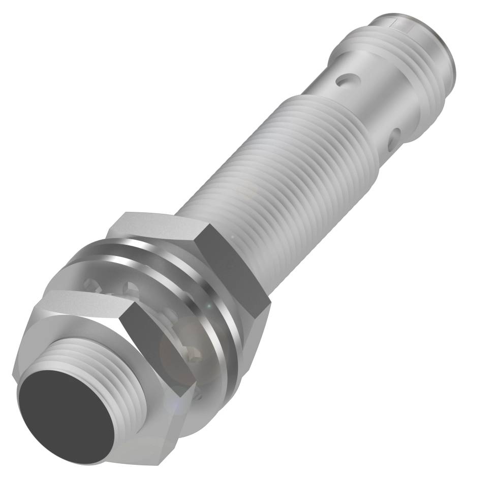 Zylindrisches Metallteil mit Gewinde und Sechskantmutter, möglicherweise Teil einer mechanischen Vorrichtung oder eines Werkzeugs.