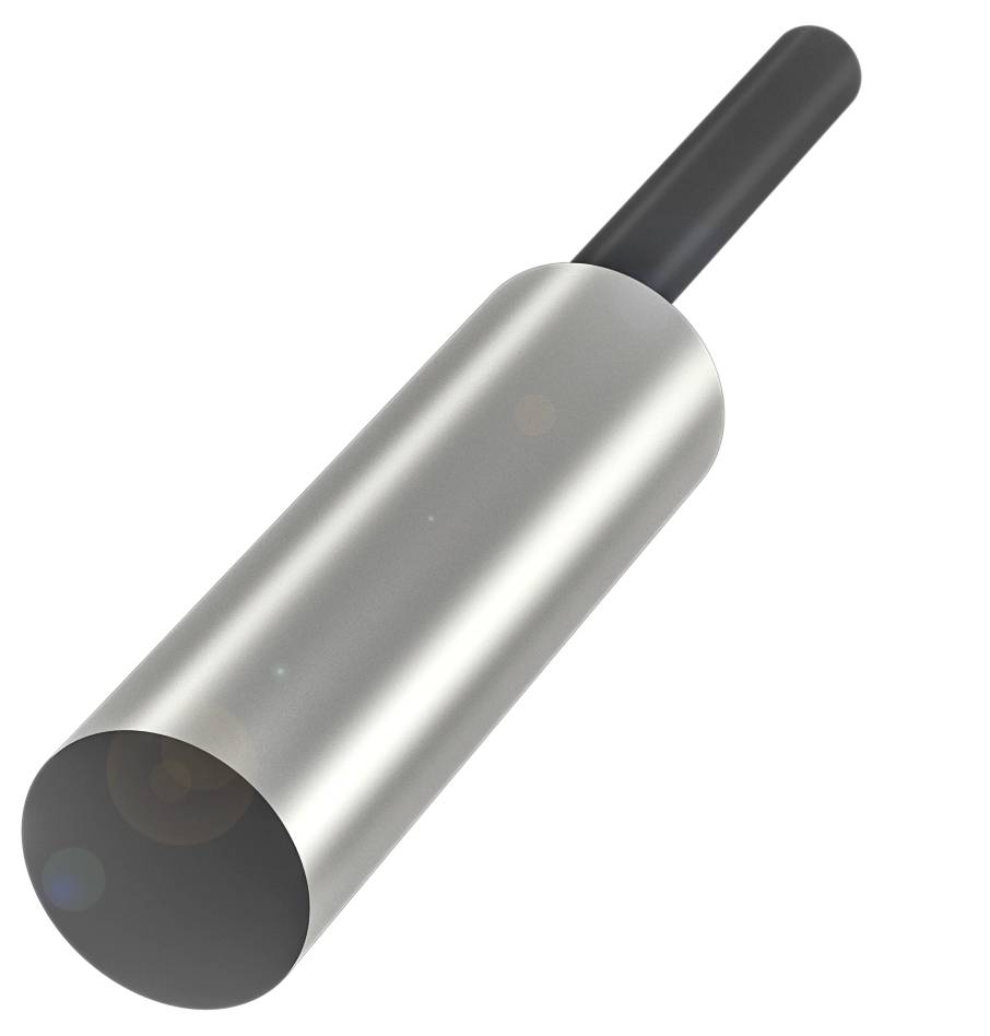 Silberner, zylindrischer Metallstab mit schwarzem Griff, schräg auf weißem Hintergrund.