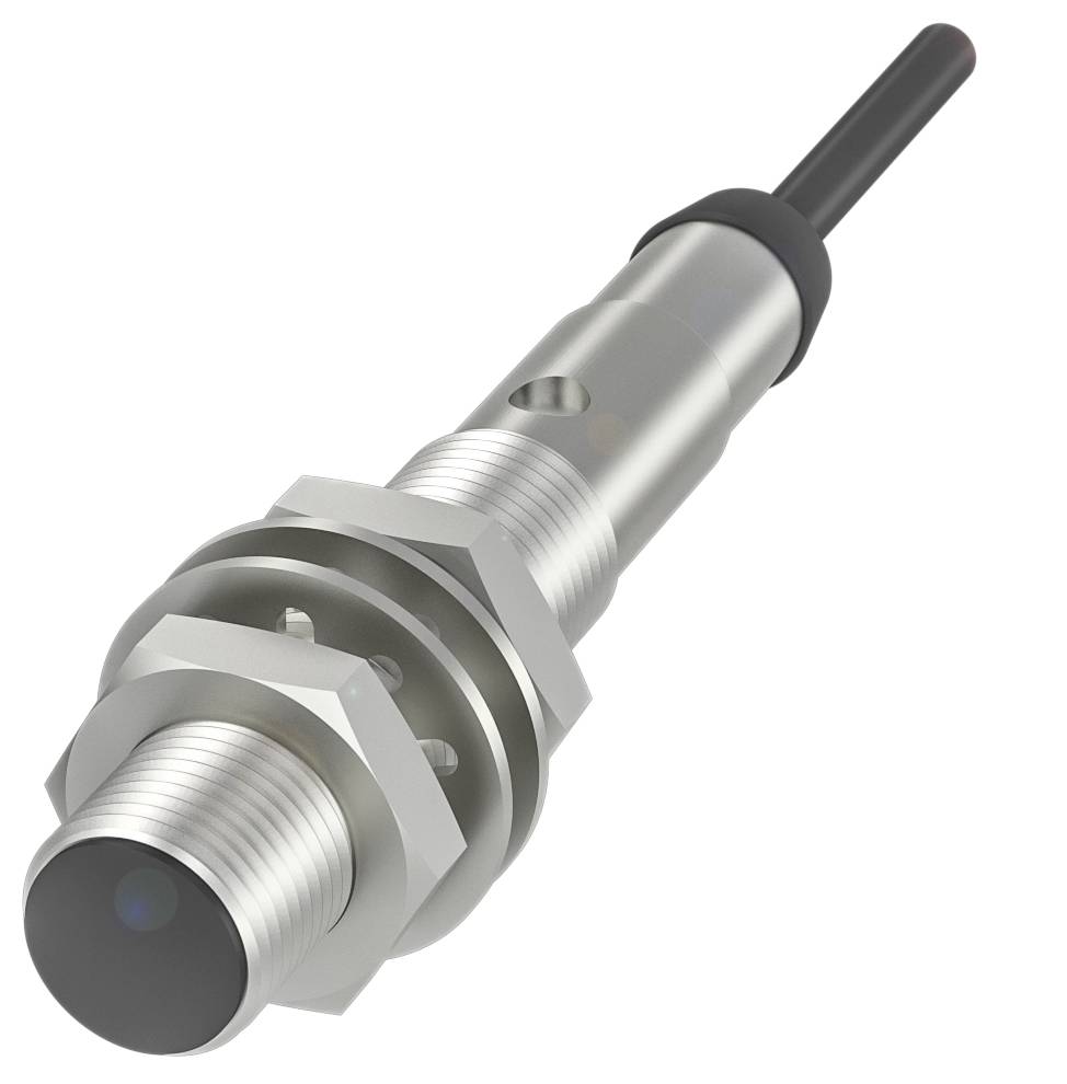 Ein zylindrischer Näherungssensor aus Metall mit einem schwarzen, flachen Ende und einem Kabelanschluss auf der Rückseite.