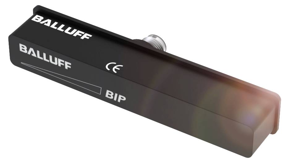 Sensor der Marke Balluff, Modell BIP, mit CE-Kennzeichnung in rechteckiger Form und Anschlussstecker auf der Oberseite.