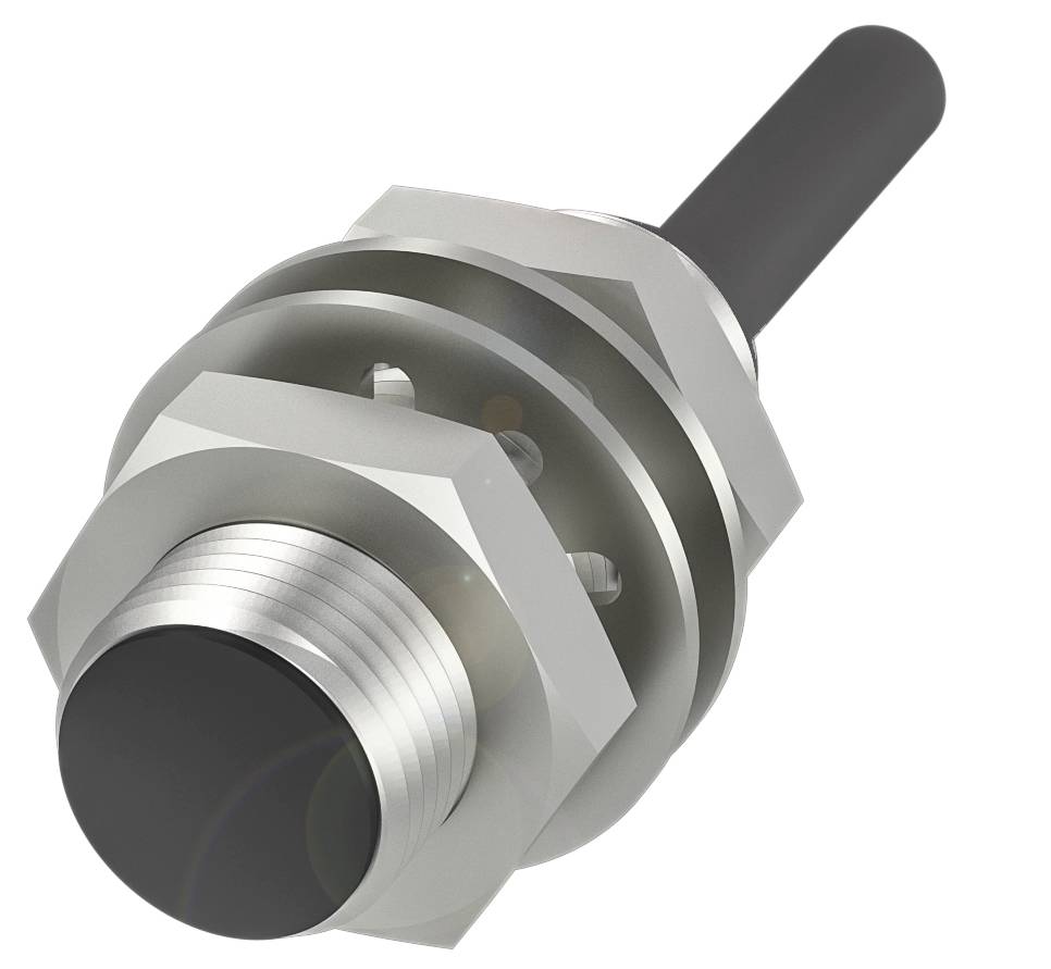 Ein zylindrischer, metallischer Sensor mit Kunststoffspitze, geeignet zur Detektion oder Messung, eingebaut in technische Geräte.
