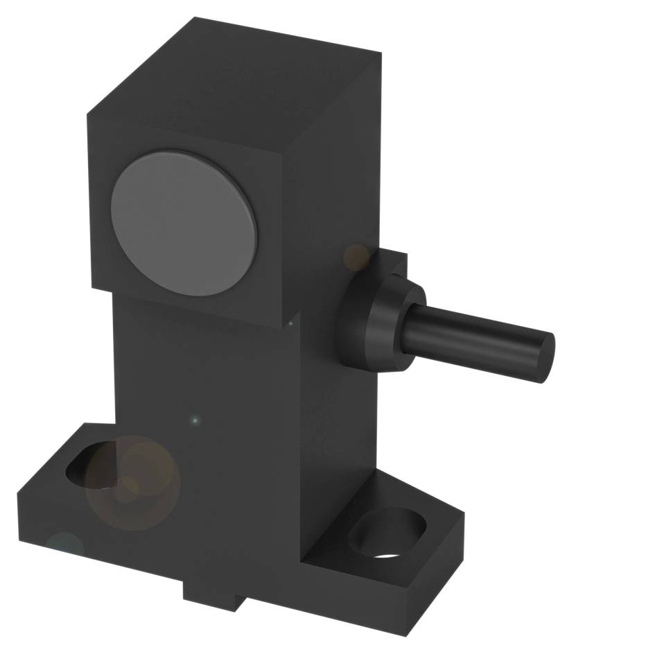Ein schwarzes, rechteckiges mechanisches Bauteil mit zylindrischer Stange an der Seite und zwei Befestigungsöffnungen an der Basis.