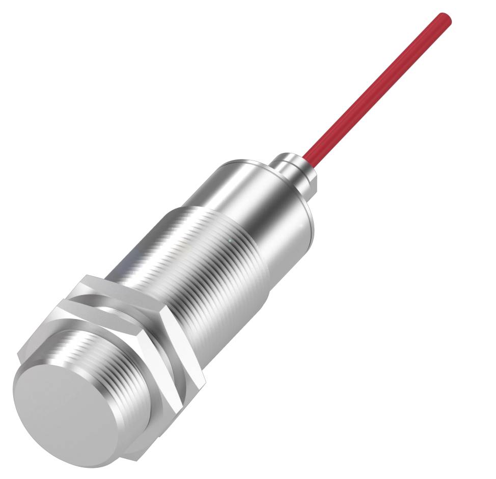 Metallsensor mit Schraubgewinde und rotem Kabel, geeignet für industrielle Anwendungen zur Positions- oder Abstandserkennung.