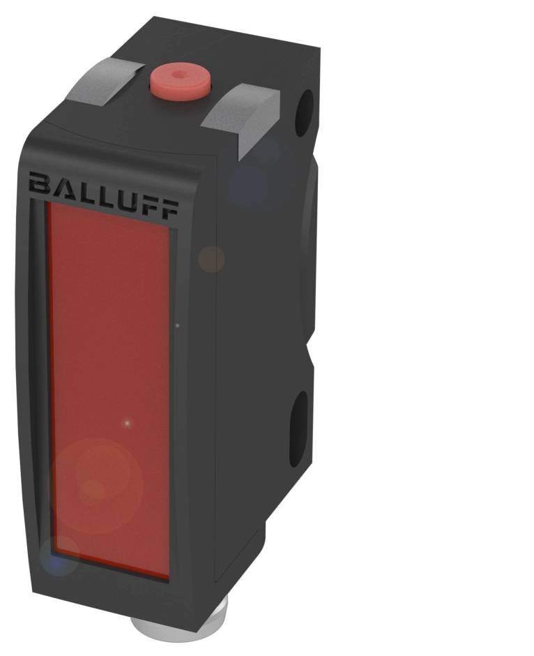 Ein rechteckiger, schwarzer Sensor mit roter Vorderseite und dem Logo 'Balluff' oben, verwendet zur Objekterkennung in industriellen Anwendungen.