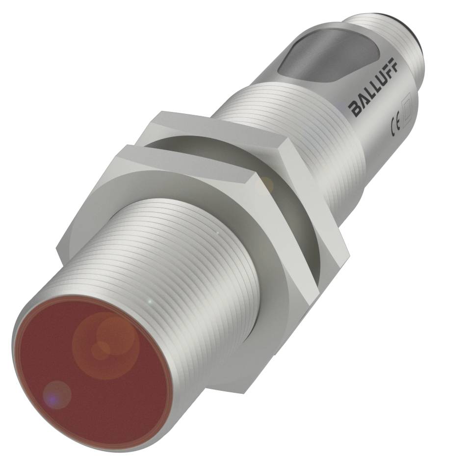 Ein zylindrischer Sensor mit Gewinde, einem runden, roten Ende und einem Herstellerlogo an der Seite.