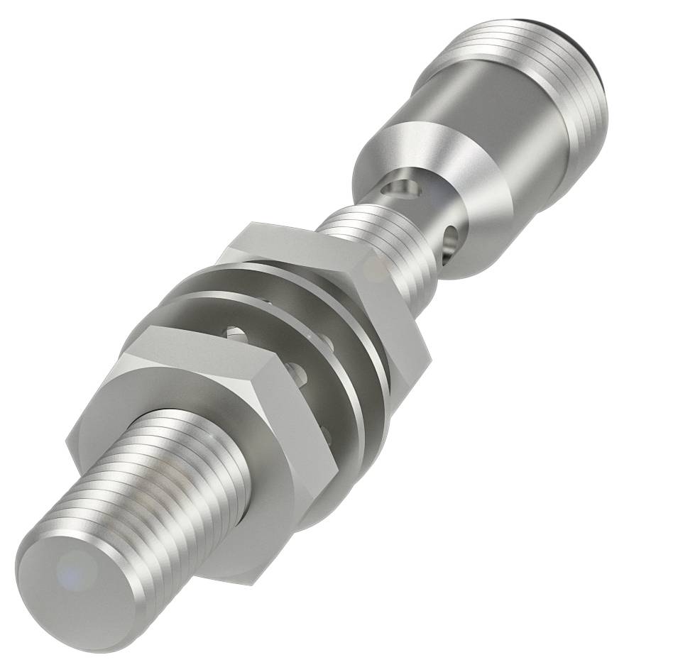 Zylinderförmiges Metallteil mit mehreren Schraubgewinden und Muttern, möglicherweise ein hydraulisches oder mechanisches Bauteil.