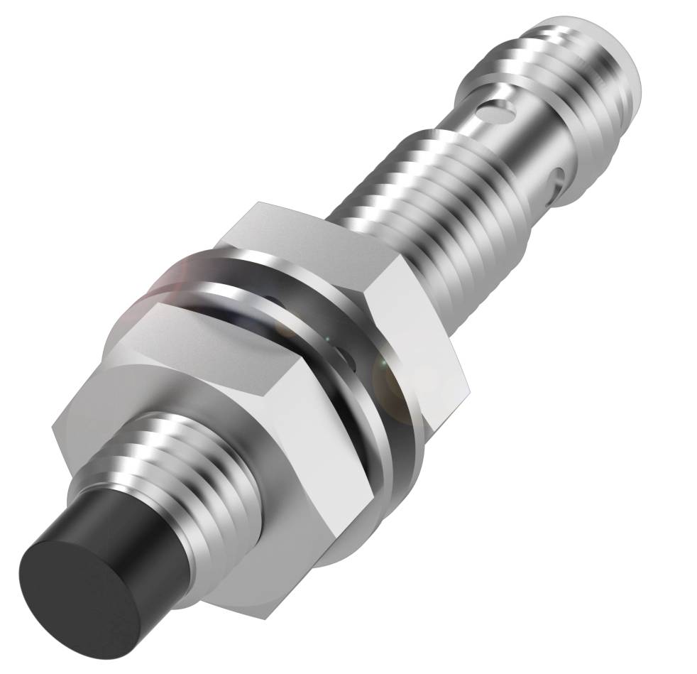 Ein metallischer Zylindersensor mit Gewinde und Kabelstecker. Wird zur Erkennung von Positionen oder Objekten in Maschinen verwendet.