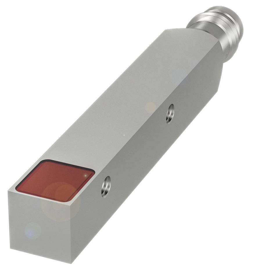 Ein längliches, silberfarbenes Metallobjekt mit roter Fläche an einer Seite und Rundung am anderen Ende, möglicherweise ein Sensor.
