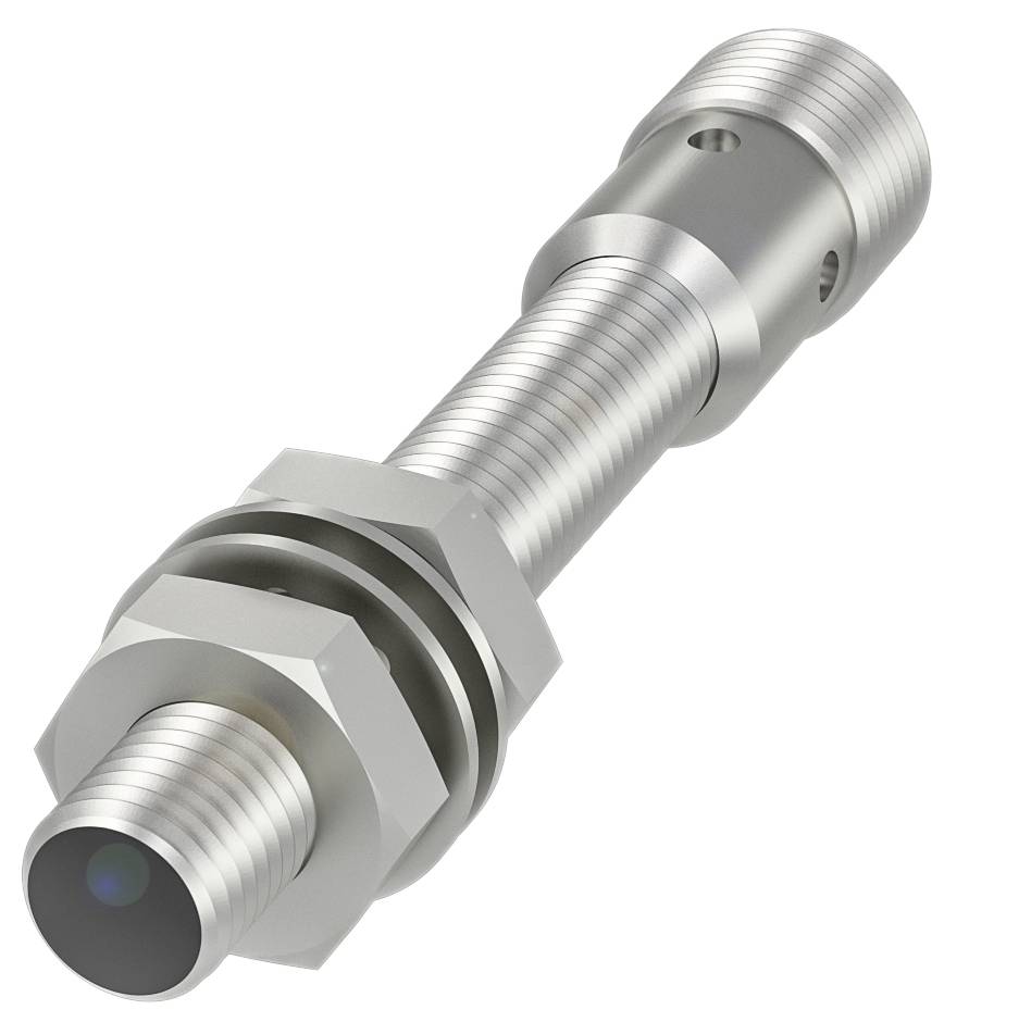 Ein zylindrischer Metallsensor mit Gewinde und sechseckiger Mutter, geeignet zur Montage in Maschinen oder technischen Geräten.