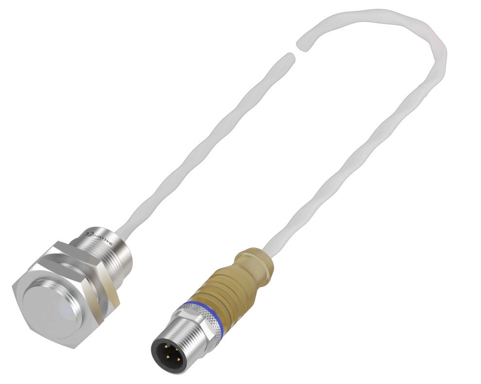 Abbildung eines runden Steckverbinders mit Schraubgewinde und angeschlossenem Kabel.