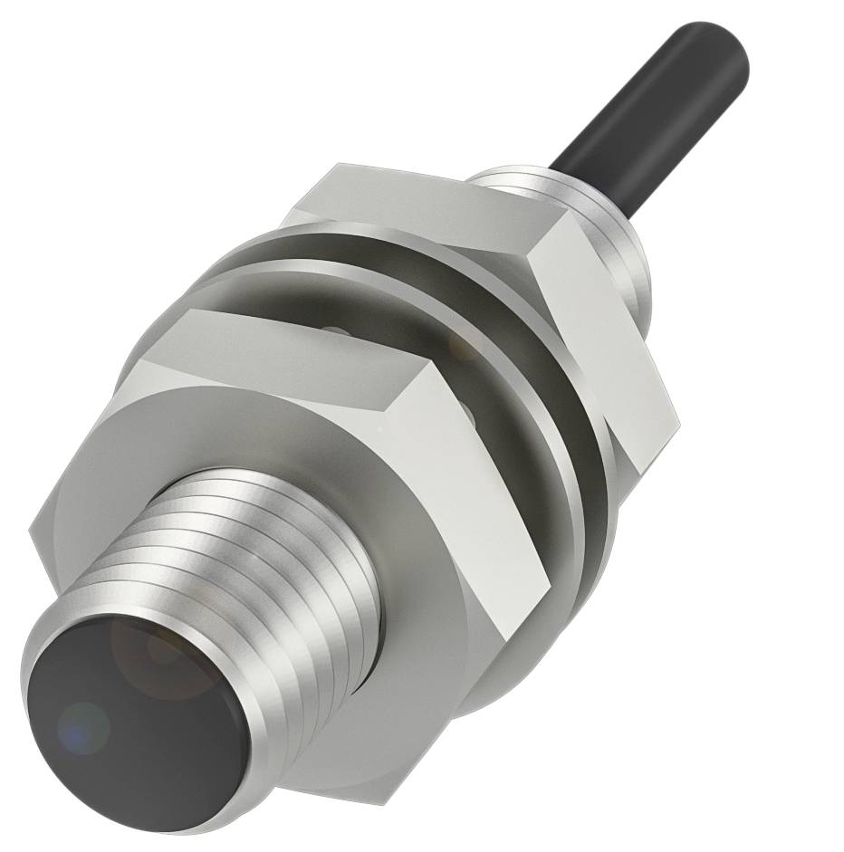 Ein zylindrischer, metallischer Induktionssensor mit einem schwarzen Kabelende. Er wird zur Objekterkennung eingesetzt.