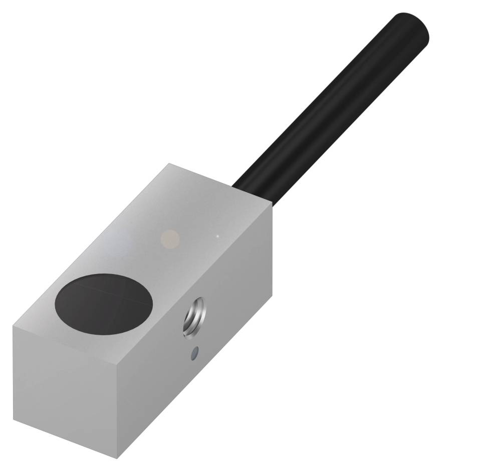 Ein rechteckiger, silberfarbener Temperatursensor mit einem schwarzen, zylindrischen Stab, der als Verlängerung dient.