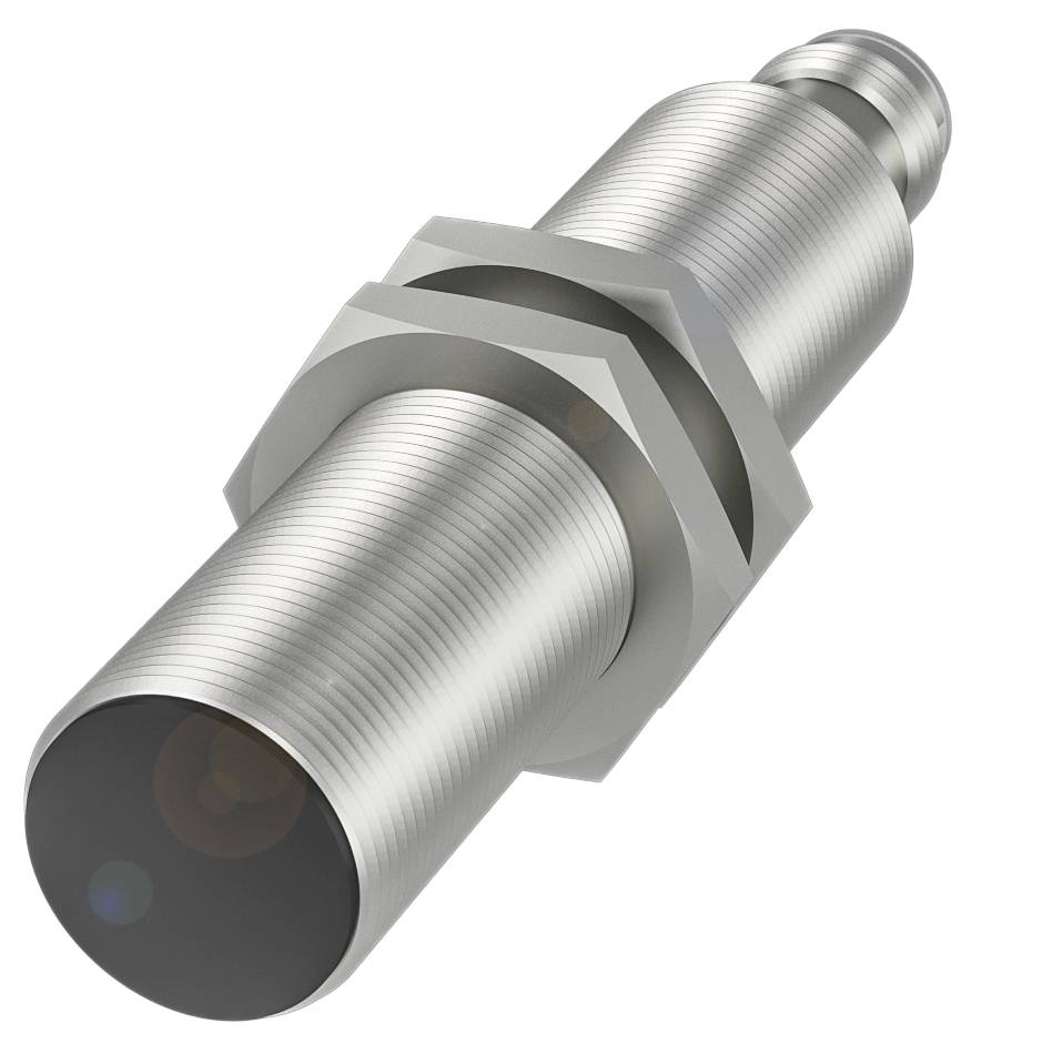 Silberner zylindrischer Sensor mit gerillter Oberfläche und Gewinde, umgeben von zwei Sechskantmuttern, vor weißem Hintergrund.