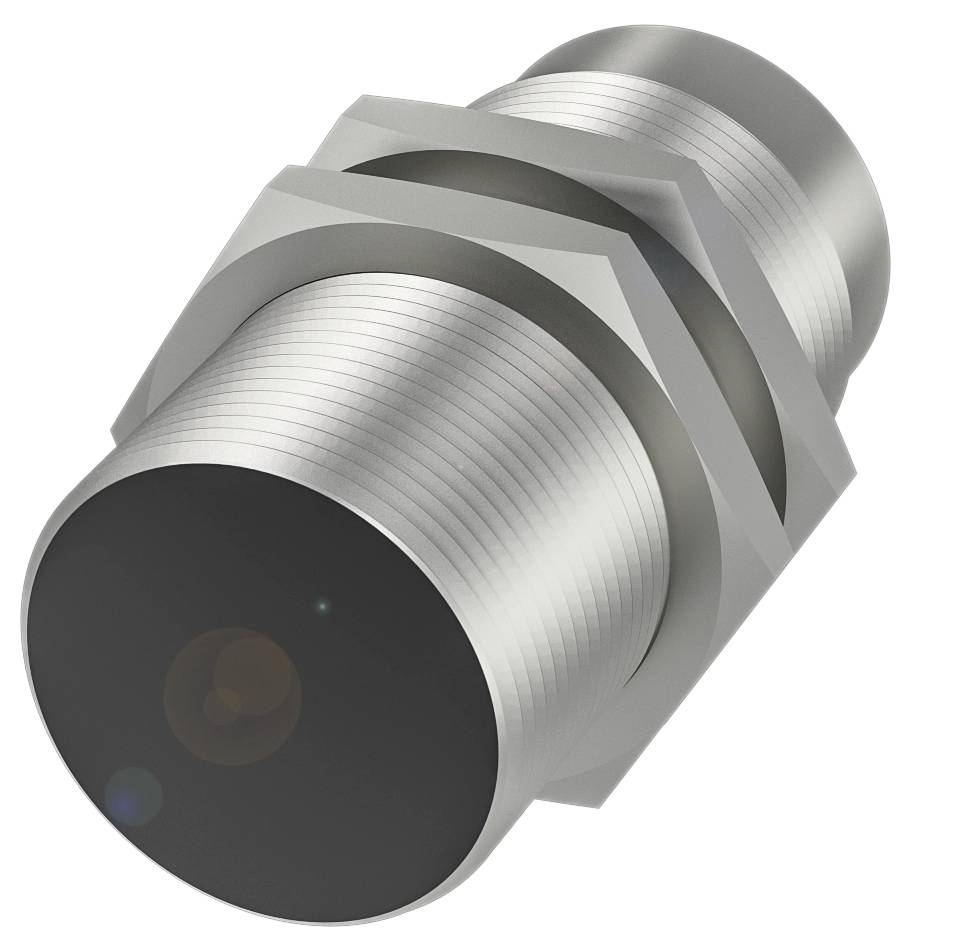Zylindrischer Induktionssensor mit metallischem Gehäuse und Kunststoffkopf, vorderer Erfassungsbereich sichtbar, geeignet zur Objekterkennung.