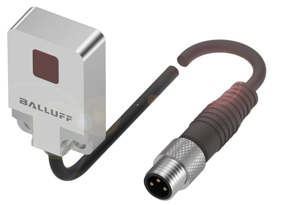 Sensor mit quadratischem Gehäuse und Kabel mit Stecker. Markierung 'BALLUFF' auf dem Sensor.