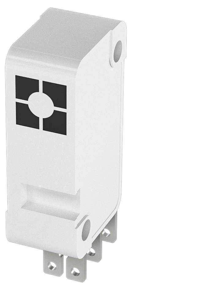 Ein weißes elektronisches Bauteil mit vier Metallanschlüssen und einem schwarzen Symbol oben links auf der Oberfläche.