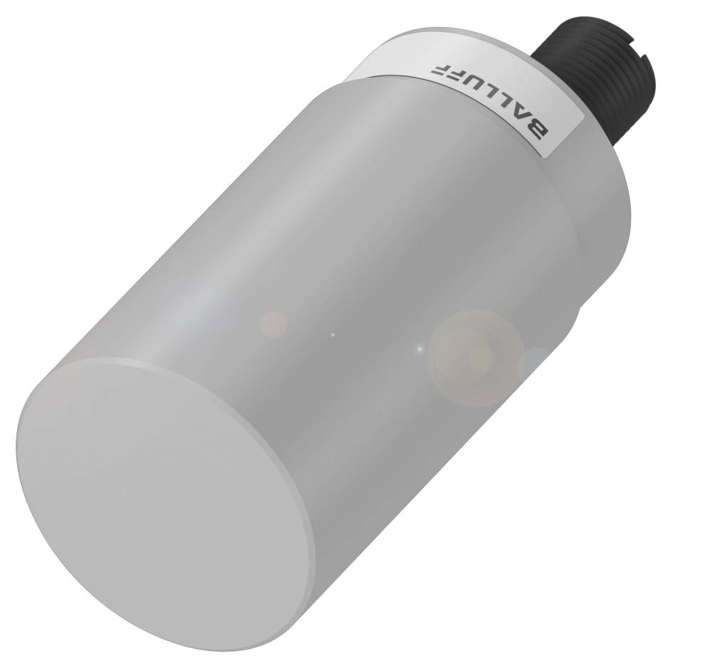 Ein zylindrischer, silberner Sensor mit schwarzem Anschluss oben. Herstellername 'BALLUFF' auf dem oberen Rand sichtbar.