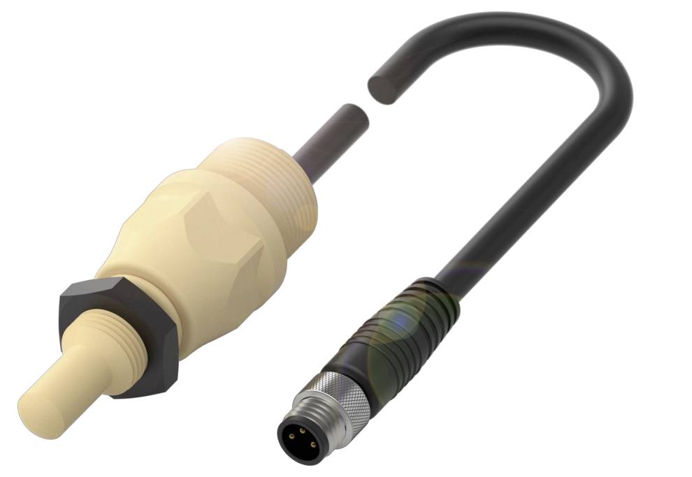 Sensor und Kabel mit Stecker, geeignet für industrielle Anwendungen. Der Sensor ist beige, das Kabel schwarz und gebogen mit metallischem Anschluss.