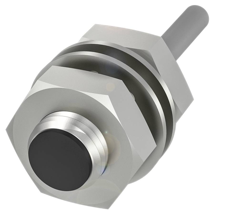 Ein silberner Zylinder mit schwarzer Kappe und Gewinde, möglicherweise ein mechanischer Teil oder ein Knopf, auf weißem Hintergrund.