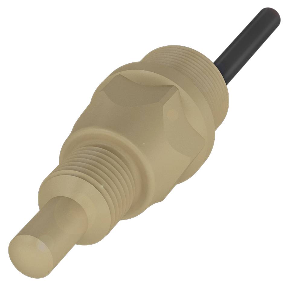 Ein beige Elektroniksensor mit zylindrischem Gehäuse und herausragendem schwarzem Kabel, vermutlich zur Temperatur- oder Druckmessung.