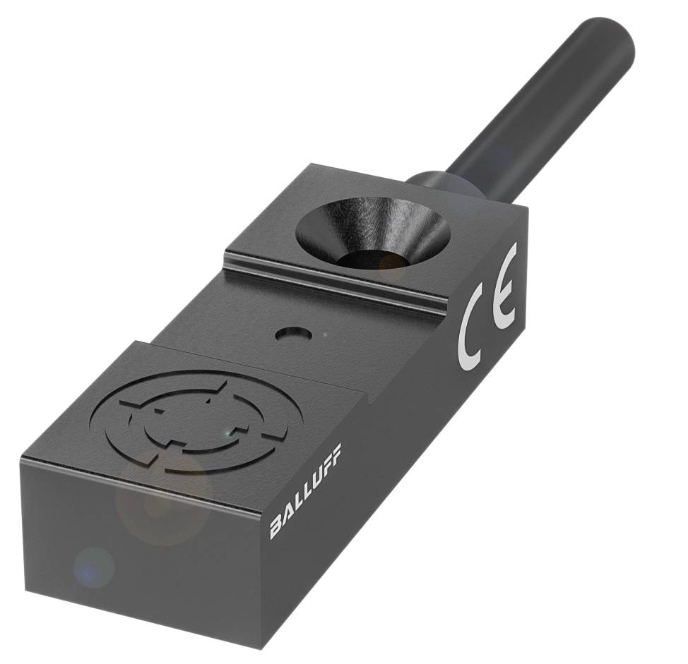 Ein rechteckiger, schwarzer Sensor mit der Aufschrift 'Balluff' und CE-Kennzeichnung. Verfügt über einen runden Anschluss.