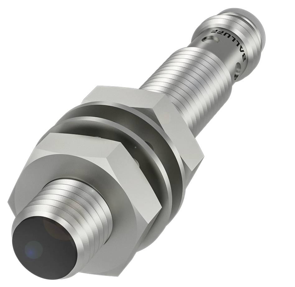 Ein zylindrischer, silberner Sensor mit zwei Muttern und einem dunklen Ende. Er wird typischerweise zur Detektion in Maschinenbauanwendungen eingesetzt.