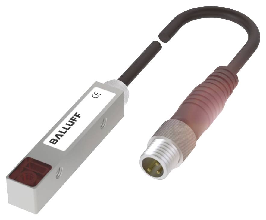 Ein rechteckiger, metallischer Sensor mit Kabel und Stecker, beschriftet mit 'Balluff' und CE-Zeichen, vor weißem Hintergrund.