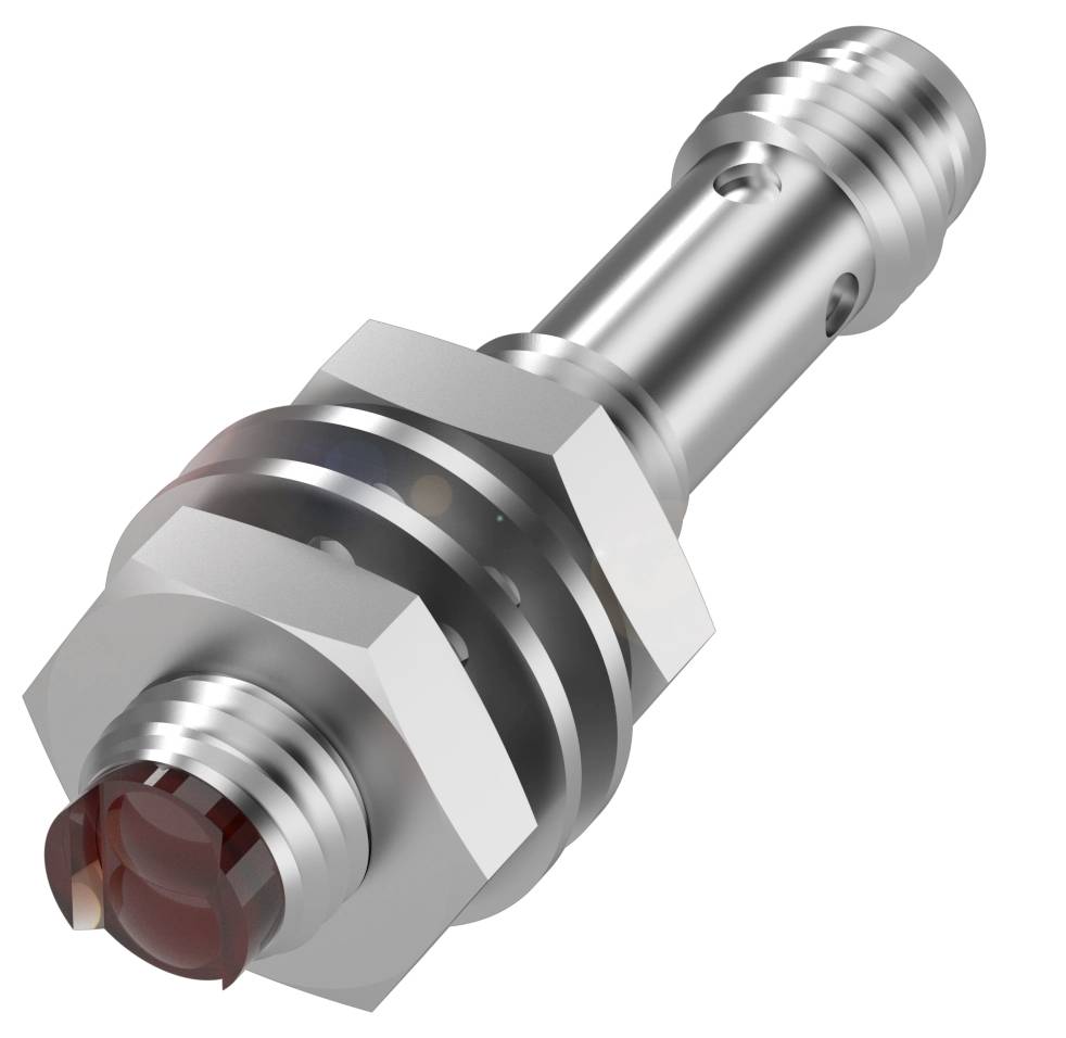 Ein silberner, zylindrischer Metallstecker mit mehreren Ringen und einem roten Kunststoffende, verwendet in Maschinenbauanwendungen.