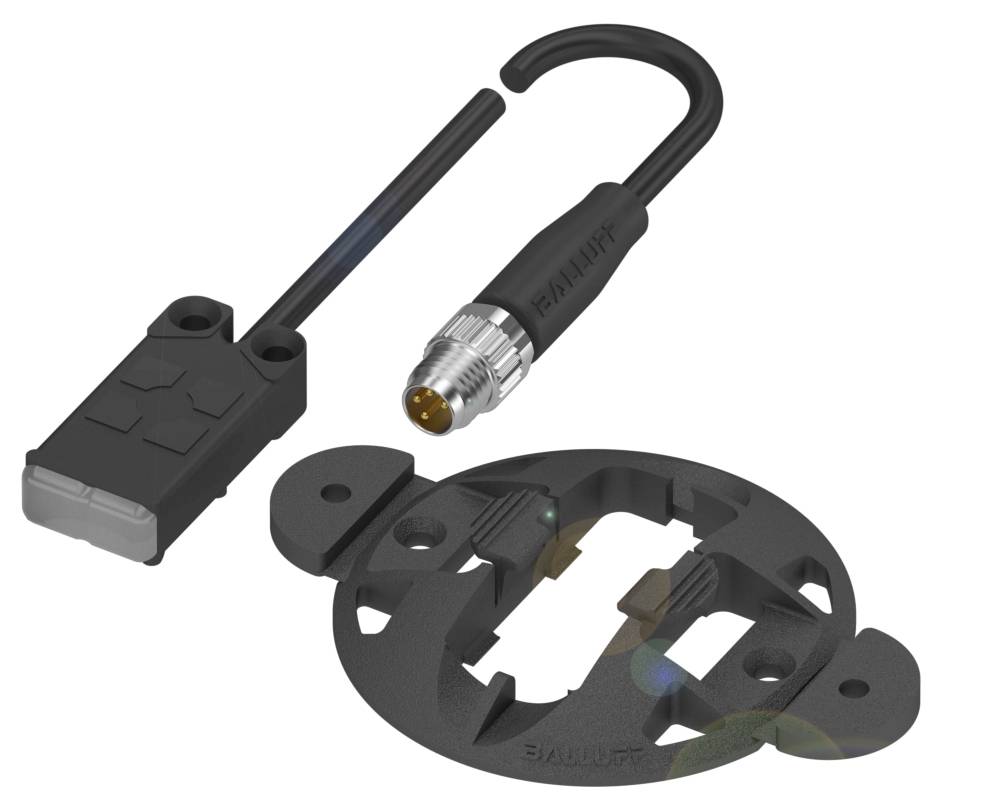 Elektrische Steckverbindung bestehend aus rundem Adaptergehäuse, rechteckigem Steckverbinder und Kabel. Schwarze Komponenten.