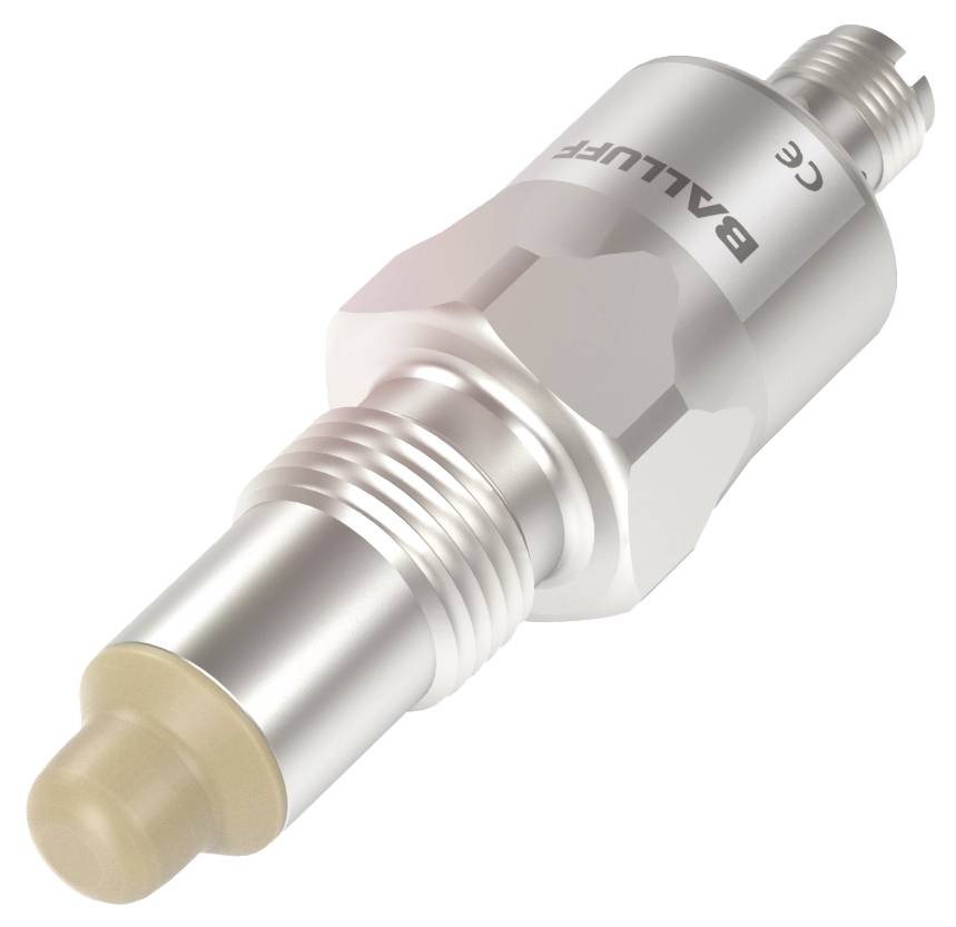 Ein silberner zylindrischer Sensor mit Markierung 'BALLUFF'. Der Sensor hat ein Metallgewinde und eine cremefarbene Spitze.